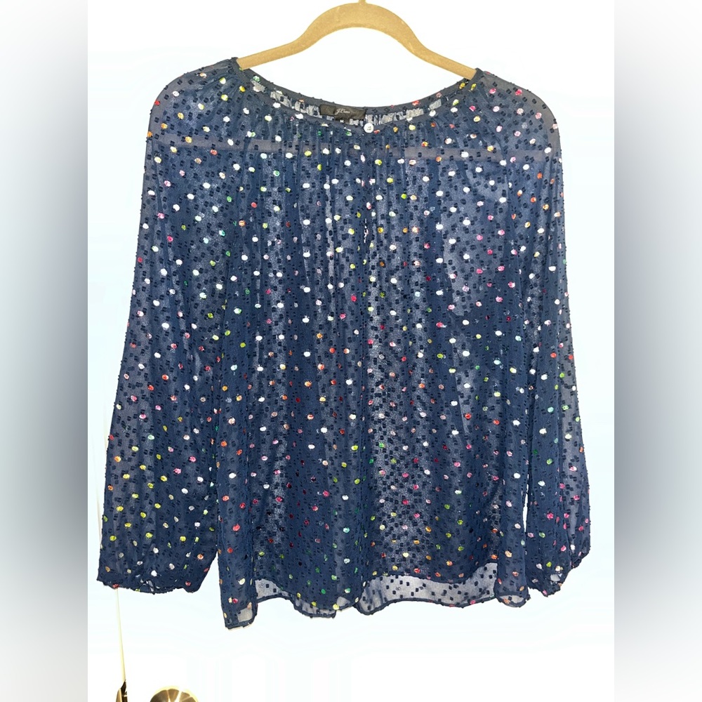 J Crew Sheer Rainbow Polka Dot Colorful Navy Blue Blouse Peep Hole Size Medium
